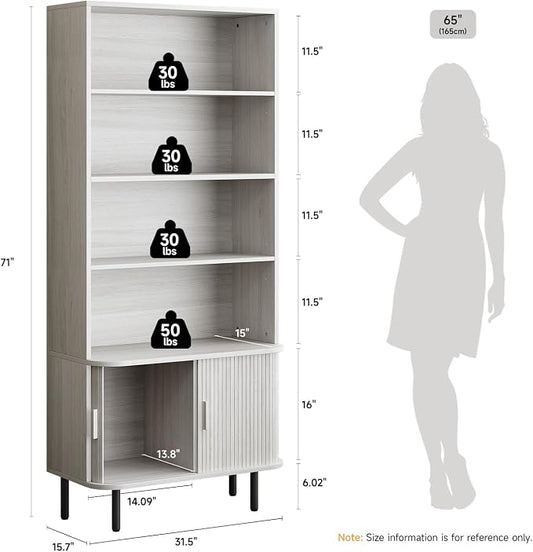 ONBRILL 71" Tall Bookshelf, 4-Tier Bookcase with Storage Cabinet & Adjustable Shelves, Freestanding Wood Bookshelf with Sliding Door and Adjustable Footpad, for Home Office, Living Room, Natural White