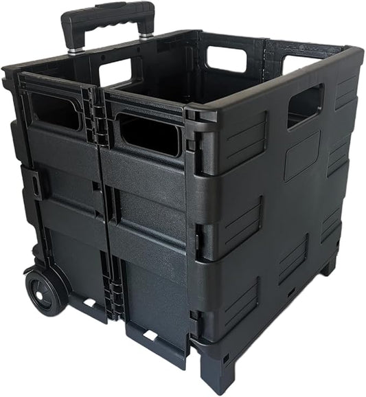 SECO Large Foldable Rolling Crate | Plastic Storage Box with Wheels | Black | Large Foldable Rolling Crate | 77 lb Capacity | Telescopic Handle | Smooth-Rolling Wheels | Flat Storage