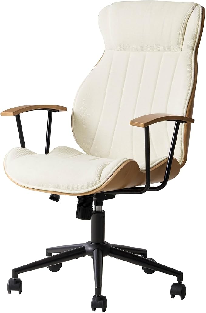 HULALA HOME Solid Wood Office Chair with Tilt Function, Mid Century Modern Bentwood Desk Chair with High Backrest, Height Adjustable Swivel Fabric Computer Task Chair, Ivory