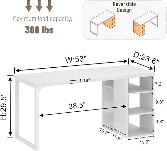 EXCEFUR White Computer Desk with Storage Shelves, Modern Home Office Desk, Reversible Wood and Metal Writing Study Table Workstations for Living Room Bedroom, 53 Inch