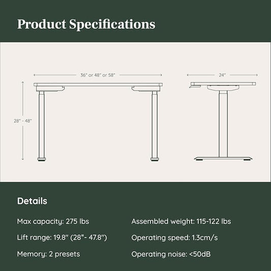 Branch Duo Standing Desk 48 Inches - Adjustable Standing Desk with 20” Range - OLED Control Panel - Frameless Design & Compact Size Suitable for Many Spaces - Woodgrain Base - White Top