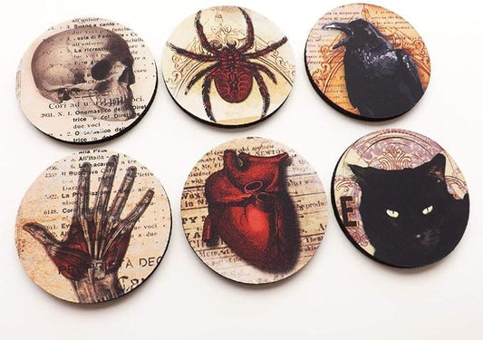 Halloween Home Decor Set of 4 or 6 Coasters Mousepad or Hardboard Skull Anatomical Heart Black Cat Raven Goth