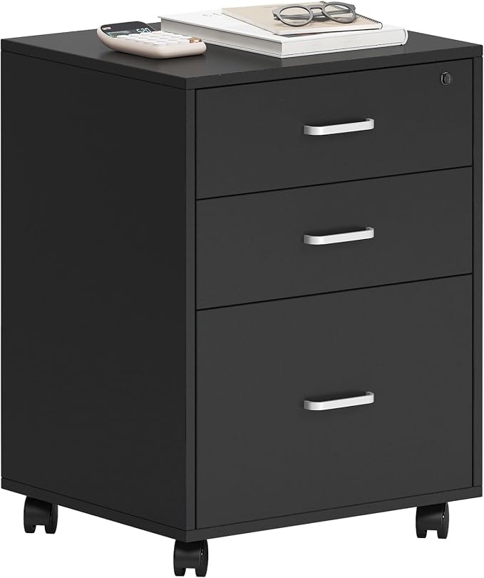Need 3 Drawer Wood Mobile File Cabinet with Lock,Rolling Filing Cabinet for Letter/A4 Size for Home Office, Black