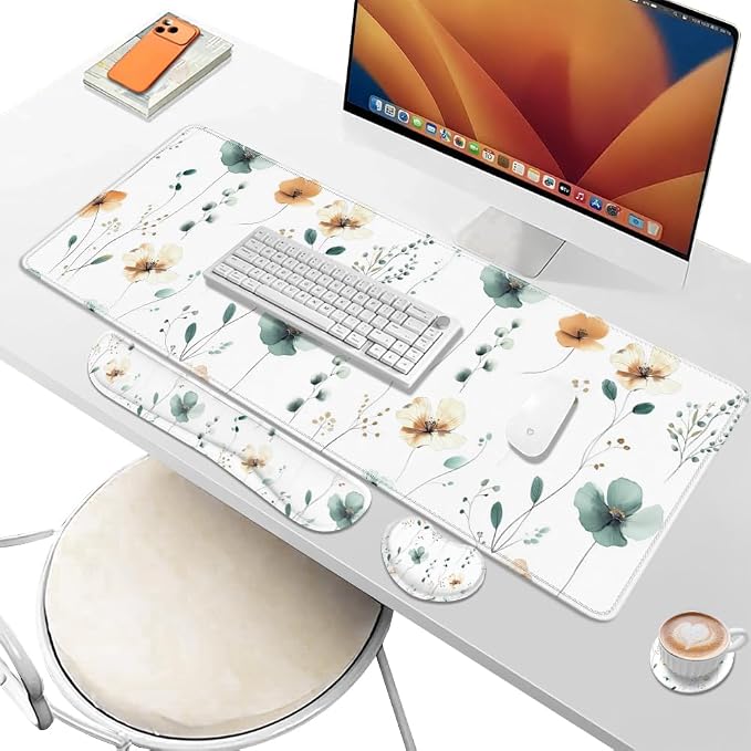 Desk Pad and Keyboard Wrist Rest, Large Mouse Pad + Keyboard Pad+Mouse Wrist Support, Non-Slip Desk Mat Protector for Office, Home 31.5×11.8 Inches Mini Floral