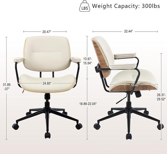 Mid Century Modern Office Chair with Adjustable Backrest, Wooden Desk Chair with Armrests, Swivel Height Adjustable Home Office Chair, Comfortable Task Chair for Home Office, Beige