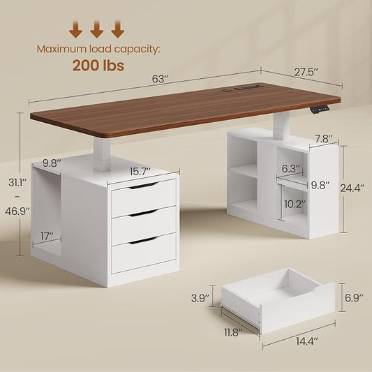 SEDETA Modern Electric Standing Desk, 63" Height Adjustable Computer Desk with 3 Drawers, Storage Shelves, Power Outlets, Wood Home Office Stand up Desk for Work, Study, Writing, White + Brown