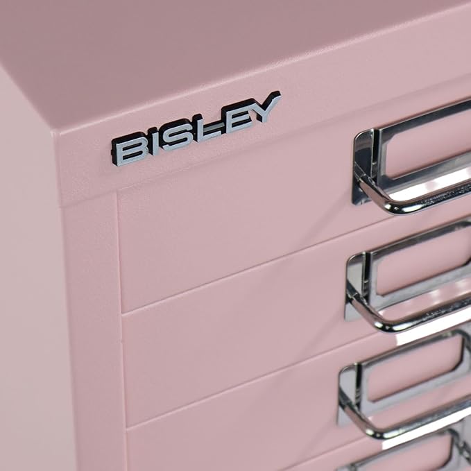 Bisley 5-Drawer Steel MultiDrawer Cabinet - Palest Pink | Chrome Pull Handles with Label Holders, Powder-Coated Steel, Removable Drawers, Desktop Storage, Labels Included