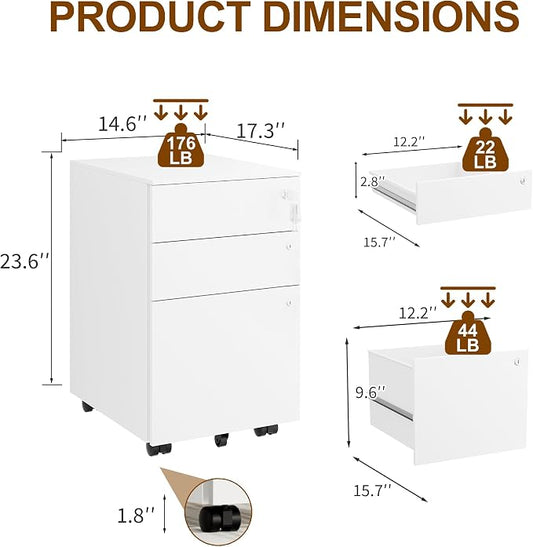 3 Drawers File Cabinet with 3 Lock, Mobile Metal Filing Cabinet, Fully Assembled Except Casters, for Home Office, for A4, Letter, Legal File Folders, White