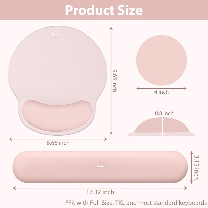 Sushret Mouse Pad and Keyboard Wrist Rest, 3-in-1 Gel Memory Foam Ergonomic Mouse Pad with Wrist Rest Set, Gaming Mousepad Arm Cushion Support for Computer Office Desk Accessories Cute Setup, Pink