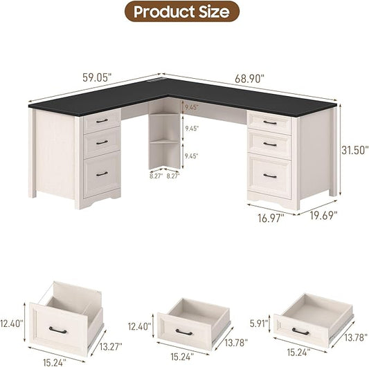 Vabches Wood L Shaped Executive Desk with 6 Drawers, Farmhouse Home Office Desk with Power Outlets and Triangle Under-Desk Storage Shelf & Drawer File Cabinet, Corner Computer Desk, Black