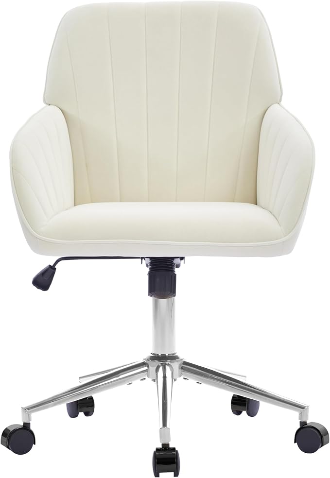 Velvet Home Office Desk Chair, Modern Cute Computer Task Chair with Back, Height Adjustable Upholstered Vanity Chair with Swivel Wheels for Women, Girls (Silver Base, Cream