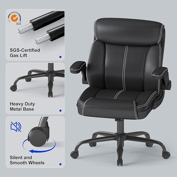 AnyGod 1Pcs Office Chair for Men Women Home Office Pu Leather 360 Swivel Rocking Function Ergonomic Chair with Flip-Up Arms Lumbar Support Rolling Wheels Adjustable Height -Black Size