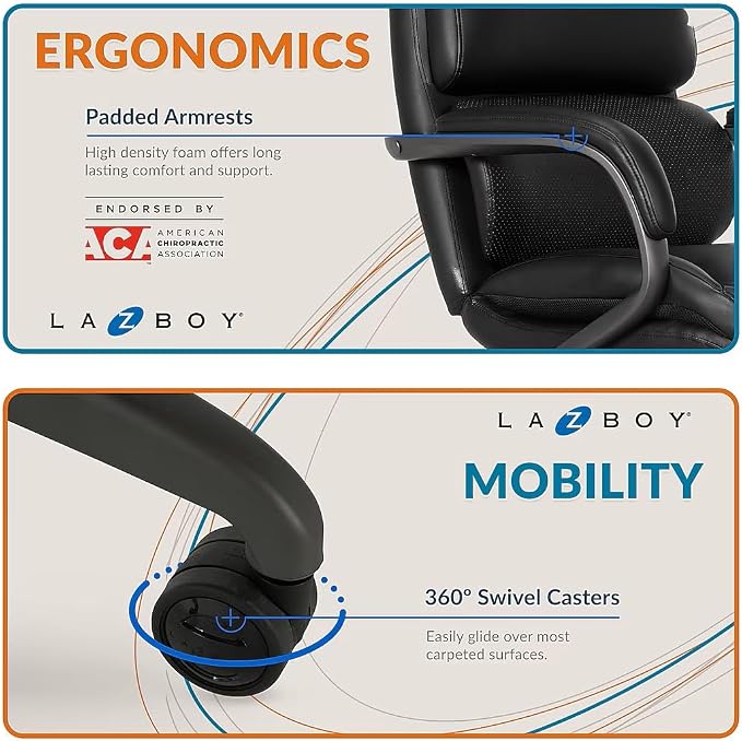 La-Z-Boy Aberdeen Ergonomic Executive Office Chair, Bonded Leather, Swivel, Reclines, Adjustable Arms, Lumbar Support, Black
