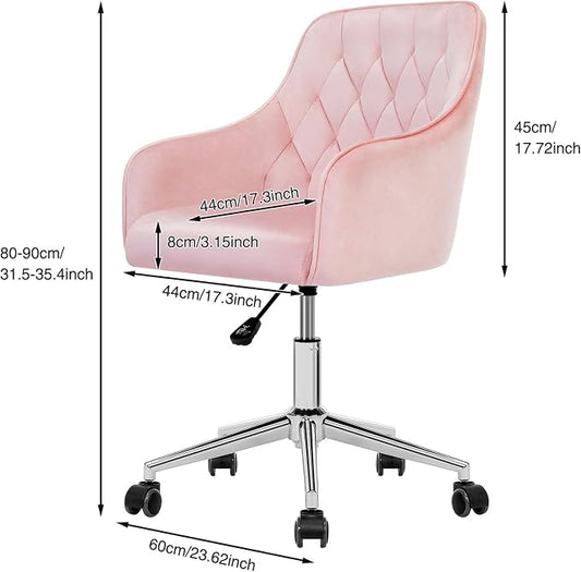 HOFFREE Velvet Office Chair Cute Vanity Chair with Wheels for Bedroom Upholstered Task Chair for Home Office (Pink)