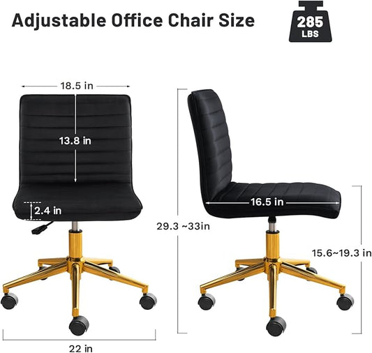 Furniliving Home Office Desk Chair, Armless Desk Chair with Wheels Soft Velvet Adjustable Height, Comfy Computer Rolling Chairs with Gold Metal Base Stool,Black
