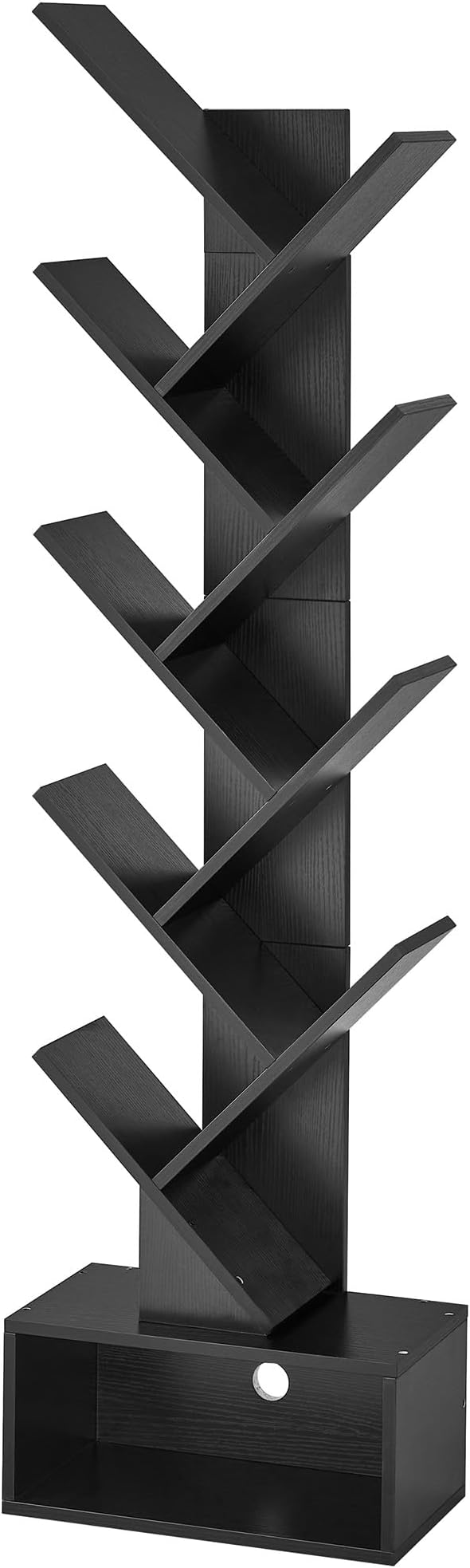 Hoctieon 9 Tier Tree Bookshelf, Tall Bookcase with Drawer, Wood Book Shelf, Modern Floor Standing Bookshelves, Book Organizer Shelves for Bedroom, Living Room, Home Office, Black