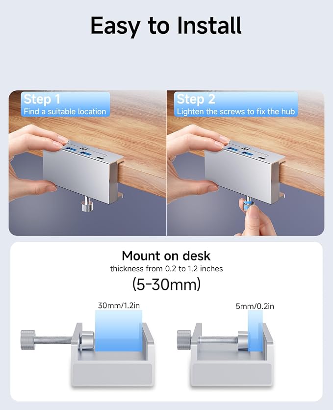 USB Hub 3.0, 5Gbps Clamp USB Hub for Desk/Monitors with Extra Power Supply Port, 3 USB-A Data Ports, USB-C Data Port for iMac Pro/iMac (Silver)