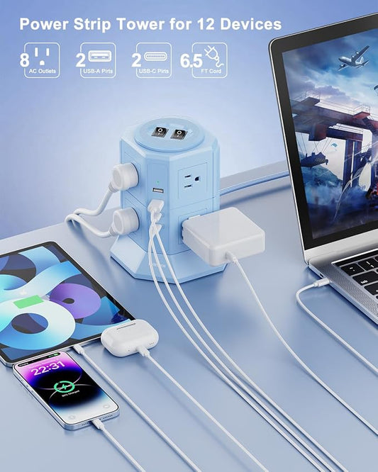 Surge Protector Power Strip Tower with 8 AC Outlets 4 USB Ports(2 Type C), 6.5 FT Ultra Flat Extension Cord with Multiple Outlets, Charging Station with Surge Protection for Family, Office, Dorm