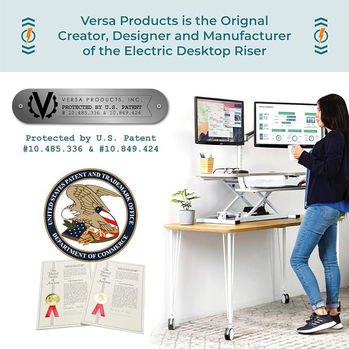 PowerPro 40 Inch Electric Standing Desk Converter – Push-Button Height Adjustable Sit to Stand Desk Riser for Triple Monitors & Laptop – Motorized Desktop Workstation with Wide Keyboard Tray