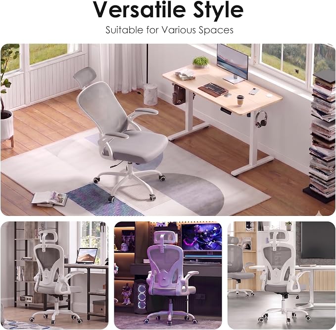 Farini Ergonomic Office Chair, Home Office Desk Chair with Headrest, High Back Swivel Computer Chair with Armrests and Adjustable Lumbar Support for Home Office Study Room, White & Grey