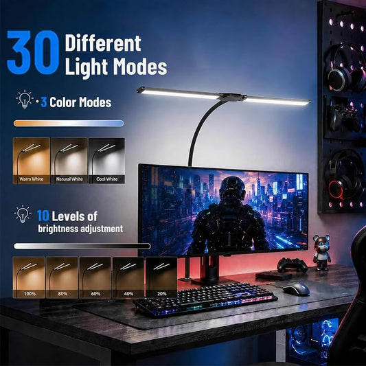 LED Desk Lamp for Home Office, Eye-Care Architect Light with Clamp, Double Head Computer Monitor Table Light with 3 Color Modes 10 Brightness, Adjustable for Reading, Study, Drafting, Workbench, Black