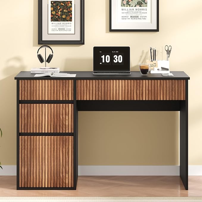 4 EVER WINNER Computer Desk with Drawers, 48 Inch Fluted Small Desk with Storage for Small Spaces, Wood Home Office Desk for Study, Living Room, Bedroom, Black