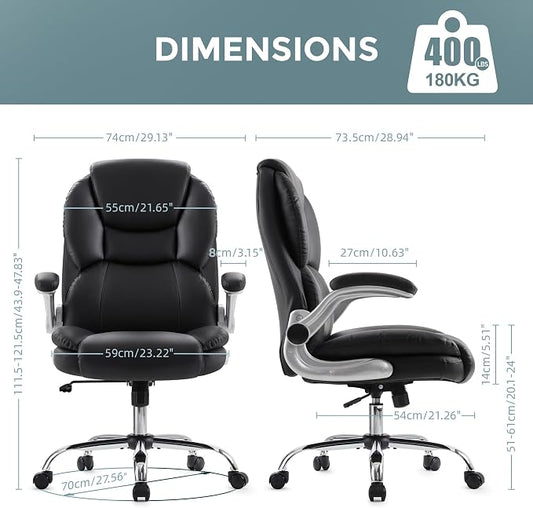 IWMH Executive Office Chair, Ergonomic Big and Tall Computer Desk Chair, High Back PU Leather Chair with Padded Flip-up Armrest, Lumbar Support Swivel Rolling Chairs Black