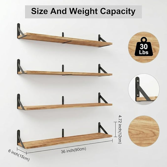 Long Wall Shelf,Large Floating Shelves for Wall,Wood Floating Bookshelves Hanging,Book Storage Display for Living Room Bedroom Office Bathroom Decor,4 Pack,36 Inch,Carbonized Black
