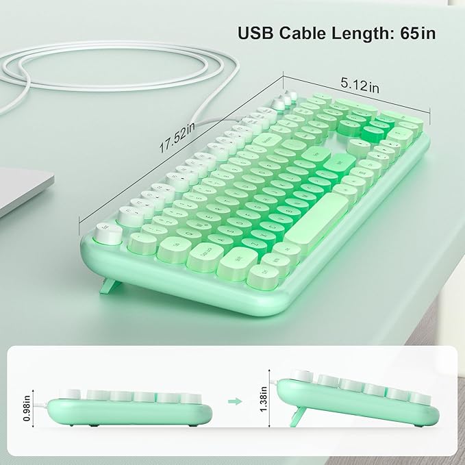 MOWUX Computer Keyboard Wired, Plug and Play USB Retro Round Typewriter Keyboard, Full Size Wired Keyboard with Foldable Stands for Laptop and Office PC- LED Backlit Green