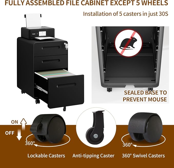 3 Drawer File Cabinet with Lock and 4 Keys, Mobile Metal Filing Cabinet, File Cabinets for Home Office, Under Desk, Pre-Assembly, File Drawer, Letter/Legal/A4 Hanging File Folders