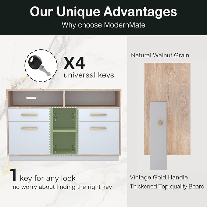 ModernMate 4 Drawer File Cabinet, Wood Filing Cabinet for Home Office with Lock, Power Strip, Storage Shelves, Home Office Lateral File Storage Fits Legal/Letter Size, Light Walnut