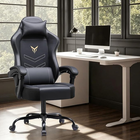 GTPLAYER Gaming Chair, Office Chair High Back Computer Chair for Adults, Leather Desk Chair Executive Ergonomic Height Adjustable with Headrest and Lumbar Support, 300lbs Black
