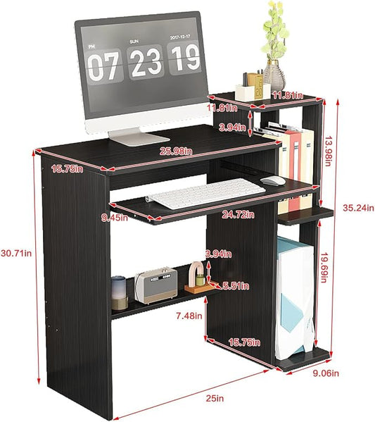 35" Compact Computer Desk with 3-Tier Storage Shelves & Keyboard Tray – Small Study Table for Bedroom or Home Office (Black)