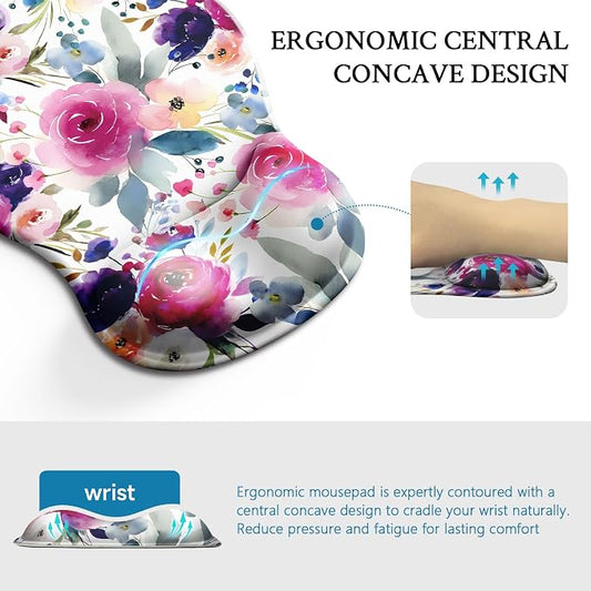 Flower Mouse Pad with Wrist Rest Ergonomic Mousepad Middle Concave Office | Wrist Support for Women, Desk Accessories, Gaming, Work, Home, Non-Slip PU Base, for Wireless Mouse Computer Laptop
