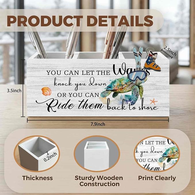 Motivational Sea Turtle Pencil Pen Holder for Desk Organizer, Motivational Gifts, Coastal Beach Sea Turtle Wooden Box Decorations for Home Office Bedroom Desk Tabletop Decor