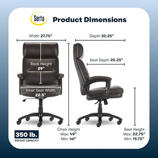 Serta Comfort Executive Big & Tall Office Chair, Ergonomic High-Back Computer DeskChair, Semi Plush Cushion Seat, Soft Padded Armrests, SertaQuality Foam, Metal Swivel Base, Bonded Leather, Brown