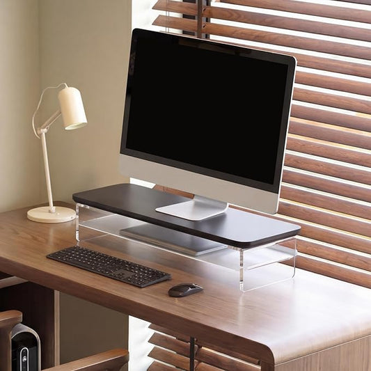 Fenge Acrylic Monitor Stand Riser, 23.6 Inches Monitor Stand with Metal Storage, 2 Tier Acrylic Computer Riser for Desk, Clear Laptop Stand for PC, Laptop, Printer, TV