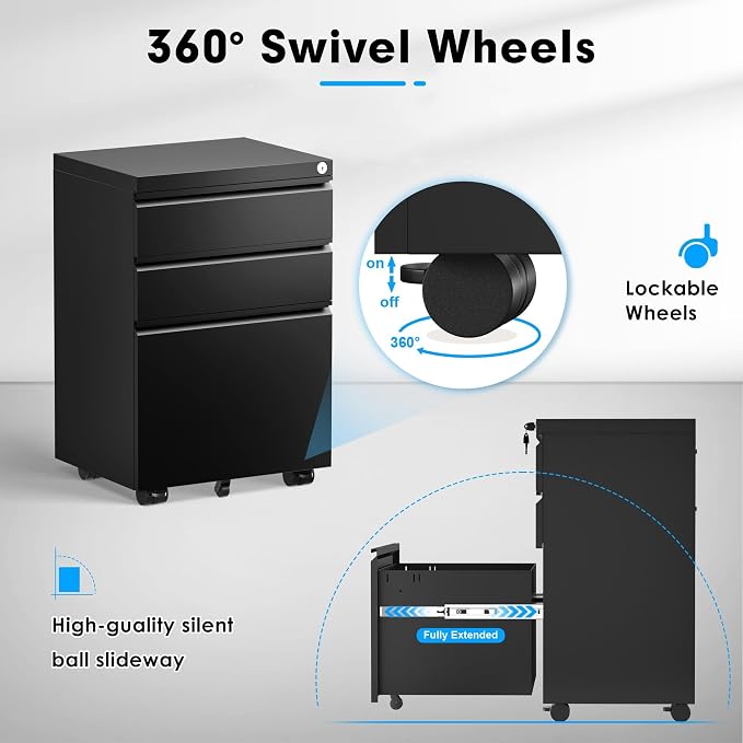 Greenvelly 3-Drawer Mobile File Cabinet with Locking Drawers & Wheels, No Assembly Required Black Rolling Metal Filing Cabinet for Home Office, Lockable File Organizer Under Desk or Letter/Legal Files