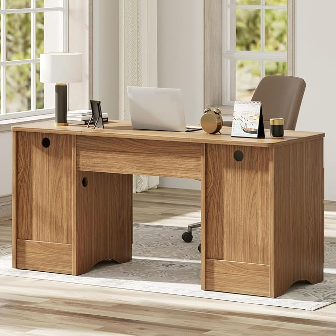 Bestier 59 inch Computer Desk with 2 Drawers, Office Desk with Storage File Cabinet and 2 Open Storage Shelves, Modern Fluted Executive Desk for Home Office Bedroom, Brown Oak