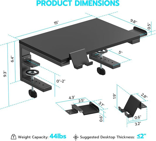ARES WING Desk Shelf Extender, 15 inches 3 in 1 Clamp on Desk Shelf with Phone & Headset Holders, Heavy Duty Desktop Organizer for Gaming and Office Accessories, Black