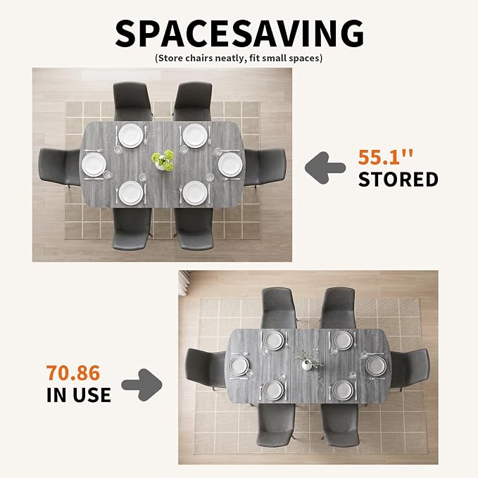 HIPIHOM 7-Piece Extendable Dining Table Set for 6, 55.1" to 70.87" Expandable Kitchen Table with 6 PU Leather Dining Chairs, Modern Wood Grain Top Furniture Set for Dining Room