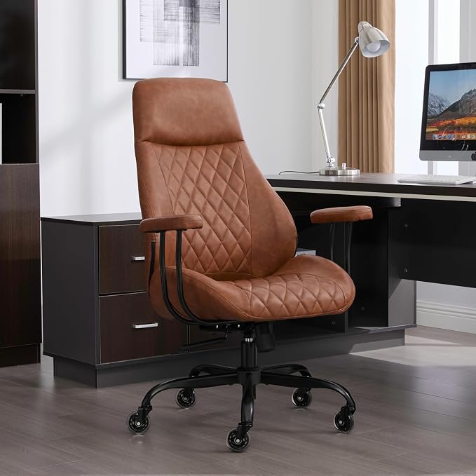 E-Motie Office Chair with Rubber Wheels, Ergonomic Computer Chair 500 lbs, Leather Desk Chair with Lumbar Support, Executive Chair Adjustable Height & Recline, Brown | Ergonomic, Lumbar Support, 360° Swivel & Rolling Wheels, Adjustable Height, for Adul...