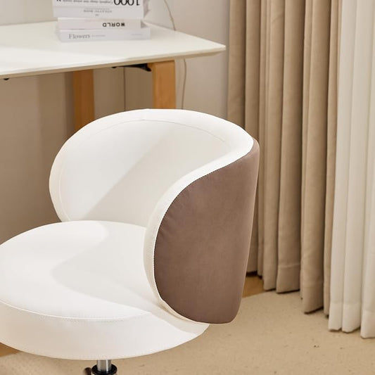 VINGLI Cute Small Swivel Desk Chair Comfy with Wheels,Ergonomic Low-Back Lumbar Support Vanity Nail Tech Rolling Task Stool Chair for Home Office,Height Adjustable,PU Leather White&Suede Khaki