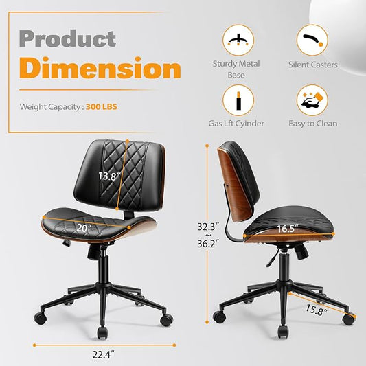 Shahoo Armless Office Chair with Wheels, Adjustable Height PU Leather Desk Chair with mid Back, Modern Walnut Style 360° Swivel Computer Chair for Small Spaces, Meeting Room, Black