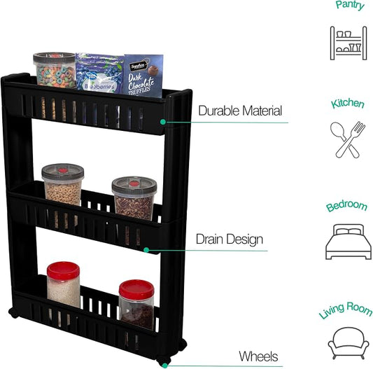 Simplify 3 Tier Slim Slide Out Storage Cart | Multi-Purpose Organization | Rolling | Wheels | Small Space | Laundry Room | Kitchen | Bathroom | Office | Matte Black