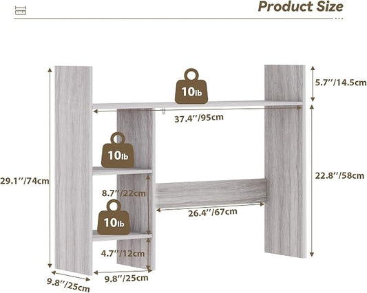 FTZxHKLX Desktop Bookshelf, Wooden Desk Hutch for Computer Monitor Up to 27'' with 3 Open Storage Shelves, Large 4-Tier Desk Organizer for Dorm Office Home, Wash Grey