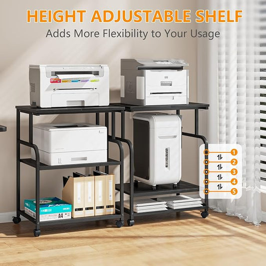 3-Tier Adjustable Large Printer Stand with Storage, Rolling Printer Cart with Lockable Wheels for Home, Office (Black)