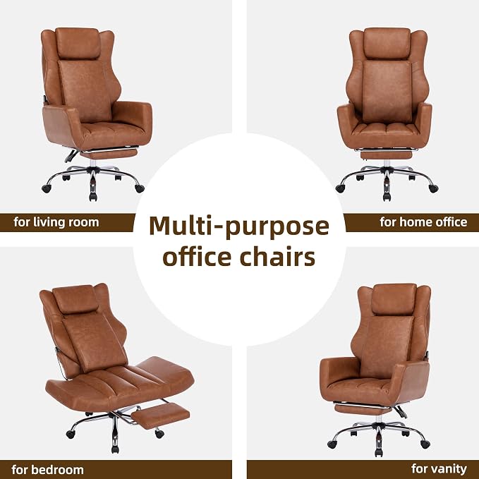 DYHOME Brown Leather Office Chair Cross Legged Sitting with Massage and Footrest, Heavy Duty Desk Chairs, Swivel Ergonomic Computer Gaming Chairs with Lumbar Support, Wheels Flip-up Arms Adjustable