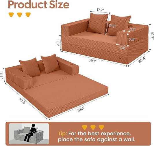 COMAX Futon Sofa Bed, 4‑in‑1 Convertible Sofa Bed, Folding Boneless Couches | Boneless Couch for living room, Fold Out Small Foldable Loveseat Floor Sleeper Mattress Lounge Space‑Saving, Light Orange