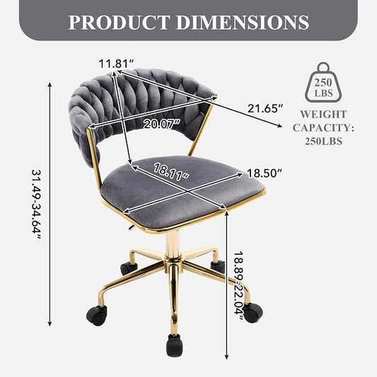NIOIIKIT Home Office Chair, Velvet Upholstered Task Chair with Woven Open Back, 360° Swivel Desk Chair with Wheels, Adjustable Vanity Chair, Computer Chair for Office, Studio (Grey)